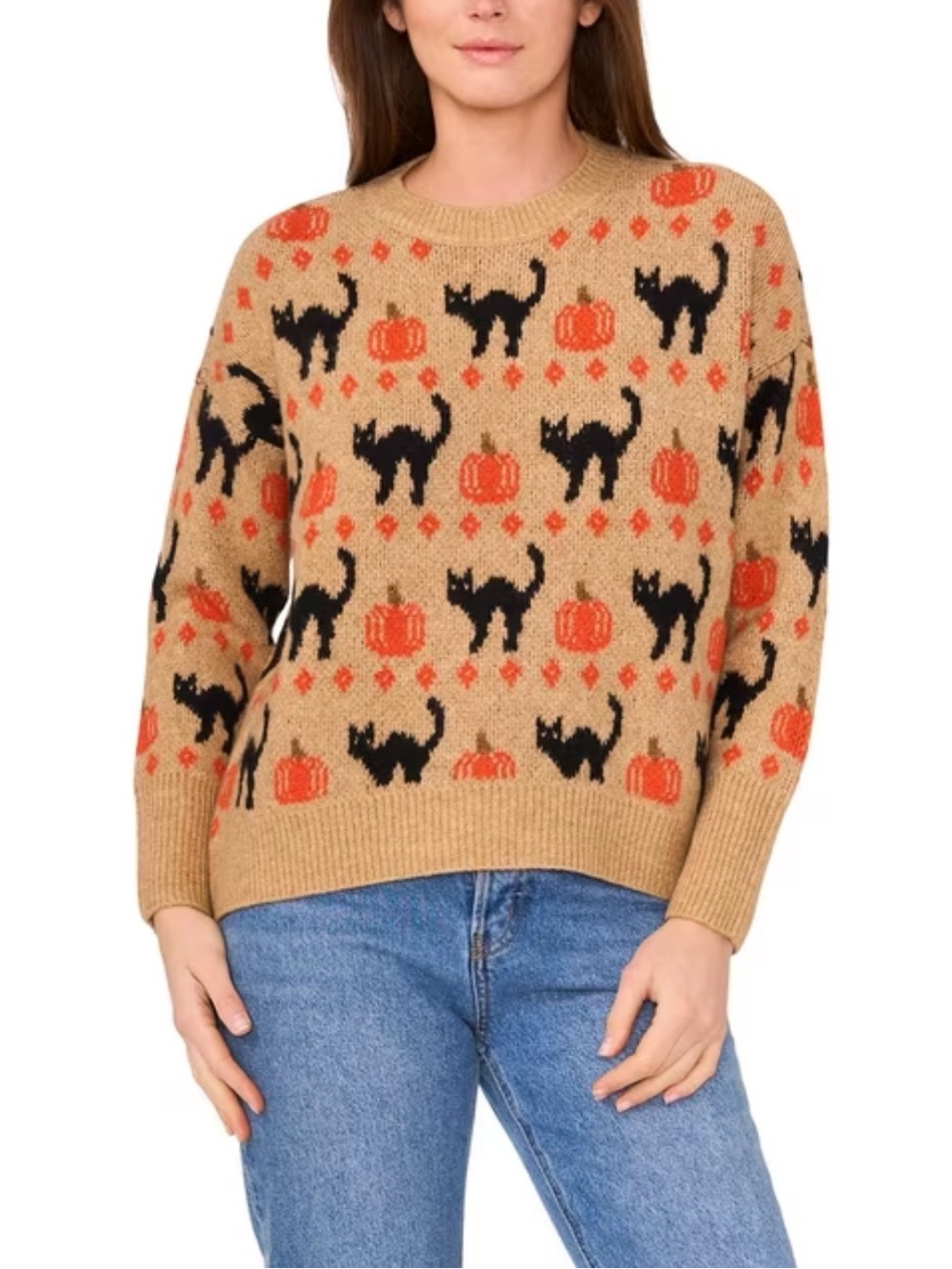 NWT Vince Camuto Crewneck Sweater with Black Cat & Orange Pumpkin Motif - Picture 1 of 5